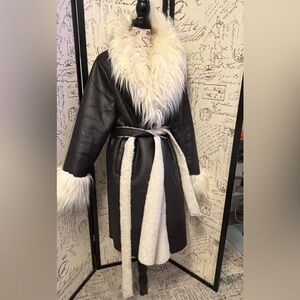 Luxurious Black and Cream Faux Fur Trimmed Coat